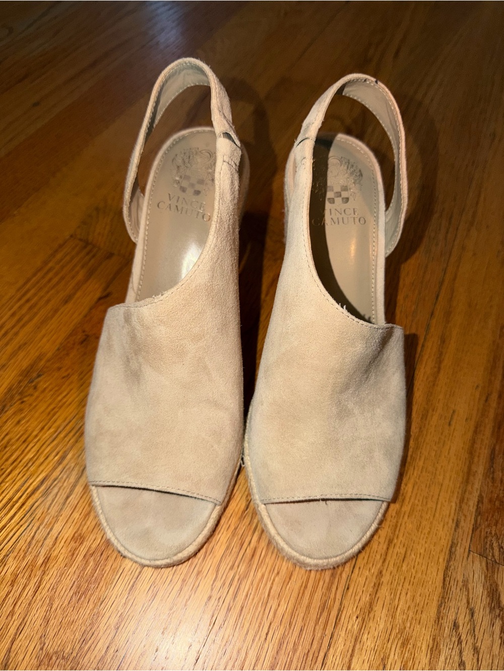 Vince Camuto Light Beige Suede Slingback Peep-Toe Sandals